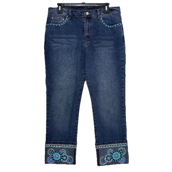 Diane Gilman DG2 Sz 10 Blue Heavy Beads Beaded Floral Design Jeans Stretch Cuff - Picture 1 of 6